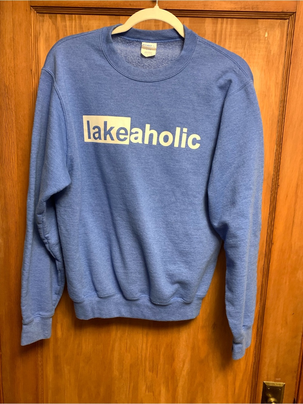Port and Company Blue-Periwinkle Sweatshirt with Cream lakeaholic graphic.